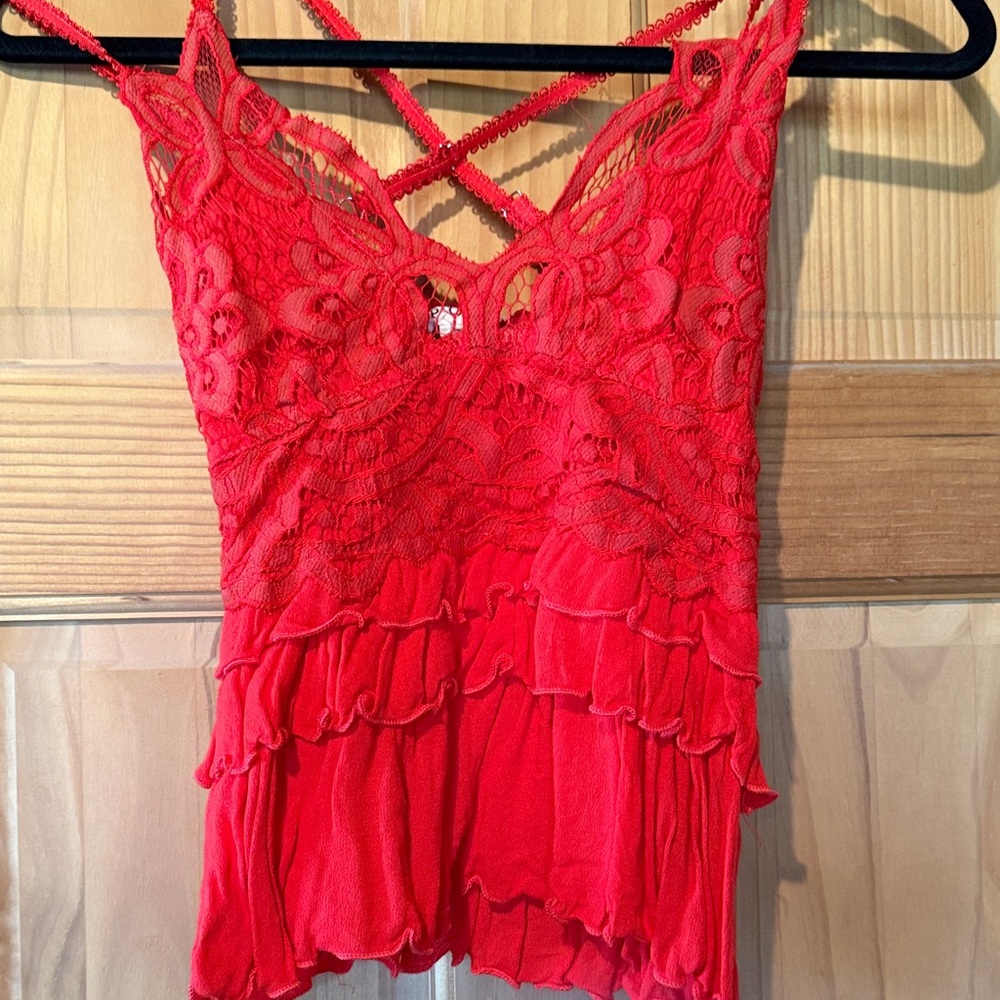 POL Red Lace Ruffle Camisole with Crisscross Back